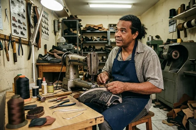 Sapateiro reparando tênis, utilizando ferramentas apropriadas para o serviço.