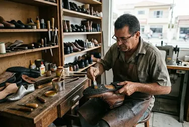 Sapateiro aplicando cola em sola de calçado durante o reparo.