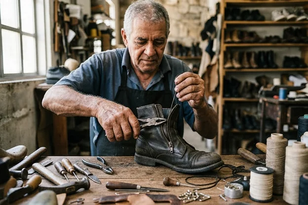 Sapateiro consertando zíper de bota com ferramentas específicas.