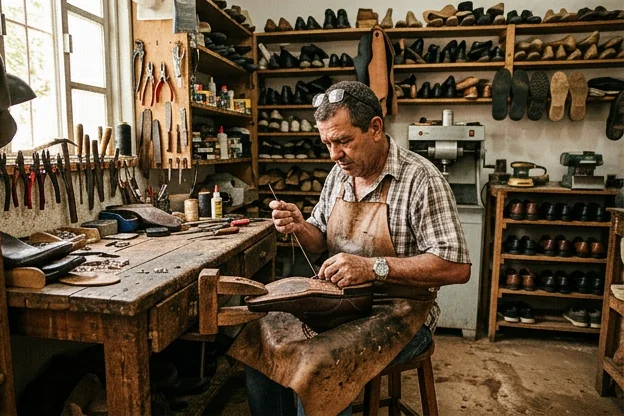 Sapateiro reformando sapato social, cercado por ferramentas e materiais.
