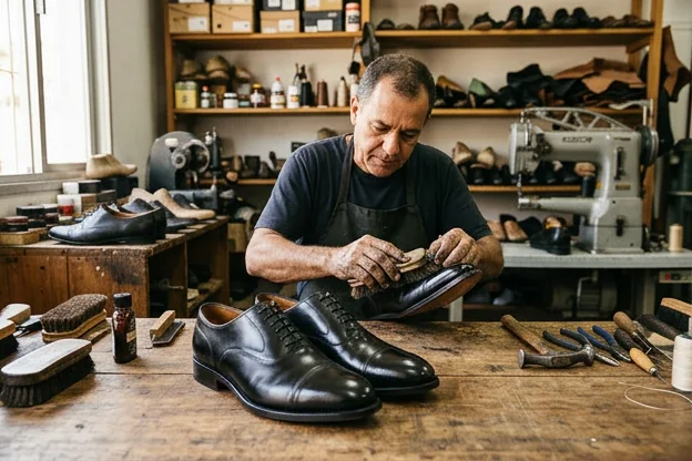 Sapatos sociais reformados, destacando a qualidade e o bom estado deles.