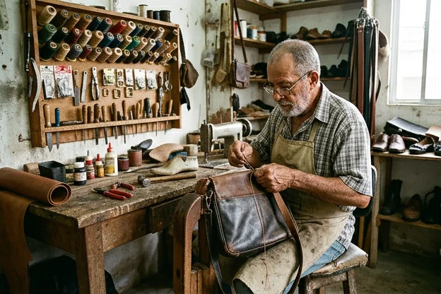 Sapateiro reformando bolsa de couro, usando ferramentas especializadas.